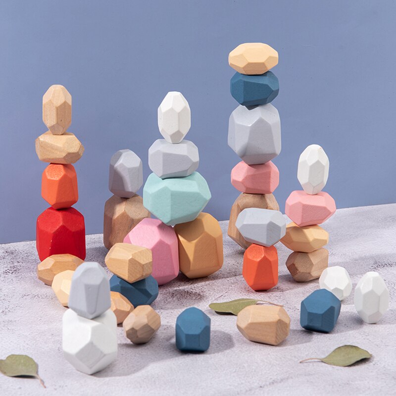 Jouet de construction en bois Montessori en forme de galets colorés (Coordination et Concentration)