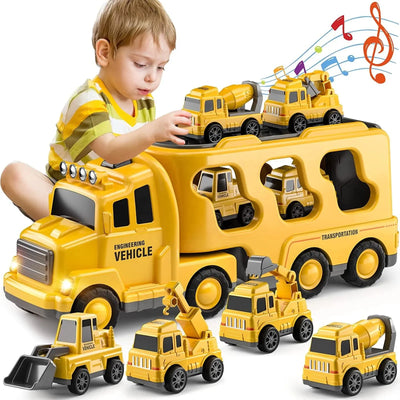Fidtoy 5-in-1 Construction Truck Toy Set for Toddlers with Lights Sounds Excavator Bulldozer Crane