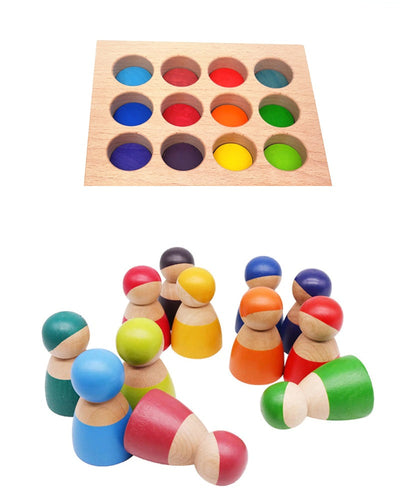 Tabla de clasificación de colores de 12 muñecos de madera tipo peg, colores del arcoíris
