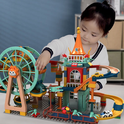 Fidtoy Building Blocks Car Run Set – Marble Run Track STEM Construction Toy for Kids