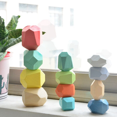 Jouet de construction en bois Montessori en forme de galets colorés (Coordination et Concentration)