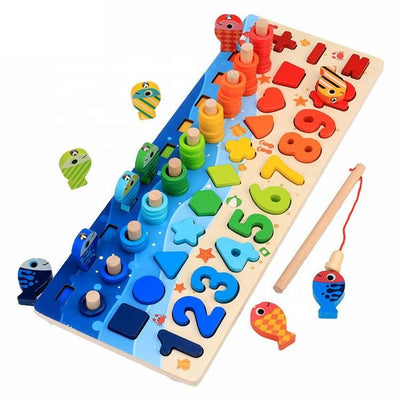 Fidtoy Montessori Wooden Numbers & Letters Learning Board – Magnetic Fishing & Shape Sorting Toy