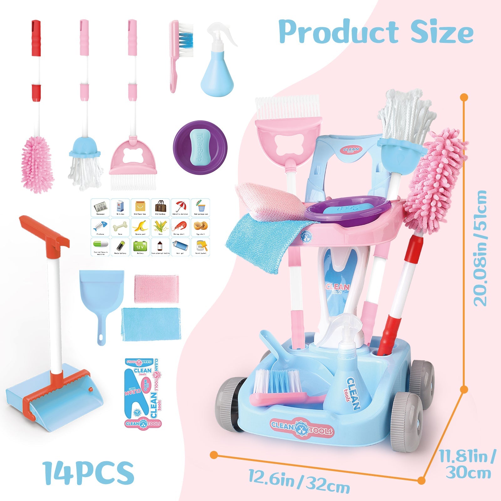 14 PCS Kids Housekeeping Cleaning Pretend Play Set House Cleaning Tools Toys Kids Broom and Mop Set for Ages 3+