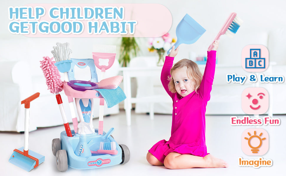 14 PCS Kids Housekeeping Cleaning Pretend Play Set House Cleaning Tools Toys Kids Broom and Mop Set for Ages 3+