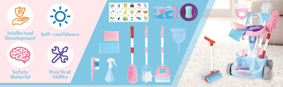 14 PCS Kids Housekeeping Cleaning Pretend Play Set House Cleaning Tools Toys Kids Broom and Mop Set for Ages 3+