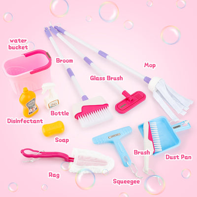 Kit de jeu d'imitation de nettoyage ménager avec support et accessoires inclus 12 pièces Kit de jeu d'imitation de ménage pour tout-petits