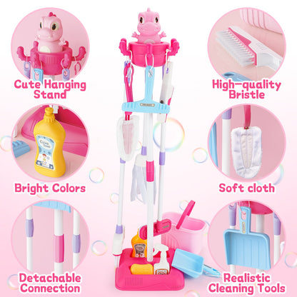 Household Cleaning Pretend Play Toy with Stand&Accessories Included 12 Pcs Toddlers Housekeeping Pretend Play Children Kit