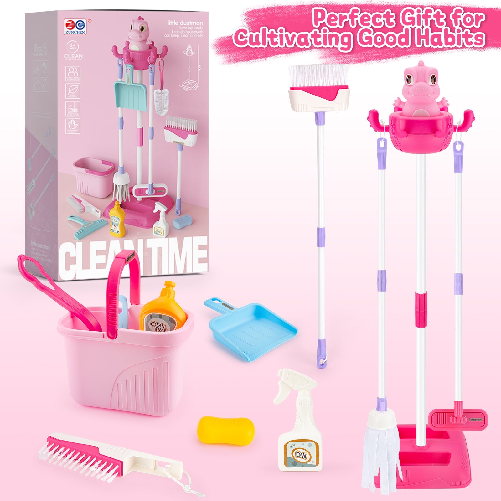 Household Cleaning Pretend Play Toy with Stand&Accessories Included 12 Pcs Toddlers Housekeeping Pretend Play Children Kit