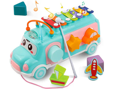 Fidtoy Xylophone School Bus Toy – Musical Shape Sorter Pull Toy for Toddlers 2–6