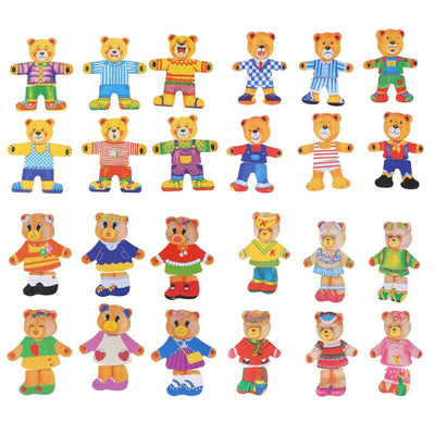 Fidtoy Wooden Dress-Up Bear Family for Toddlers – Creative Educational Toy with Outfits and Expressions