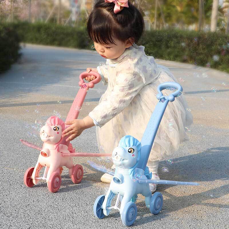 Fidtoy Hand Push Pony Bubble Machine | Colorful Outdoor Fun for Toddlers