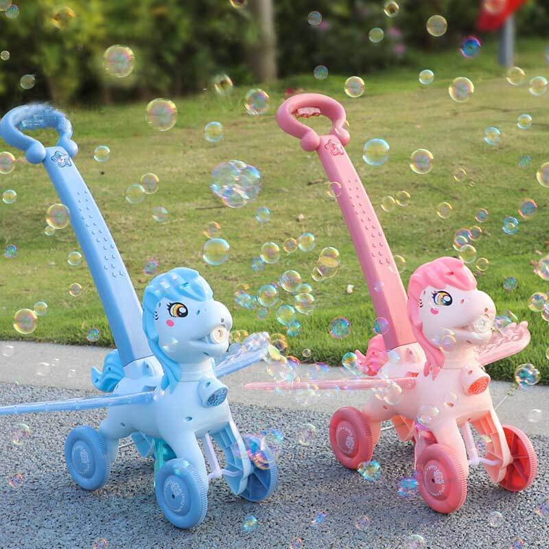 Fidtoy Hand Push Pony Bubble Machine | Colorful Outdoor Fun for Toddlers