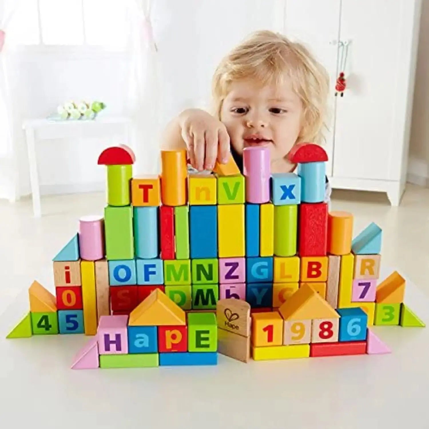 Fidtoy Lot de 80 blocs de construction en bois, jouet STEM avec lettres et chiffres