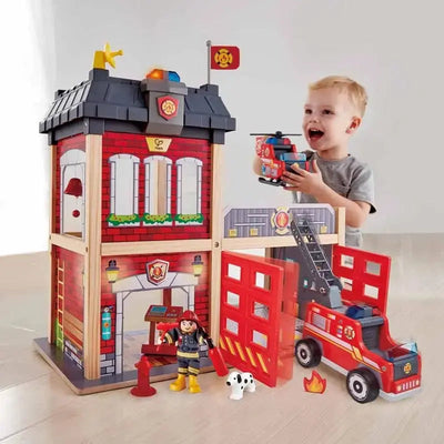 Fidtoy Wooden Fire Station Toy Kids Rescue Playset with Lights Sound