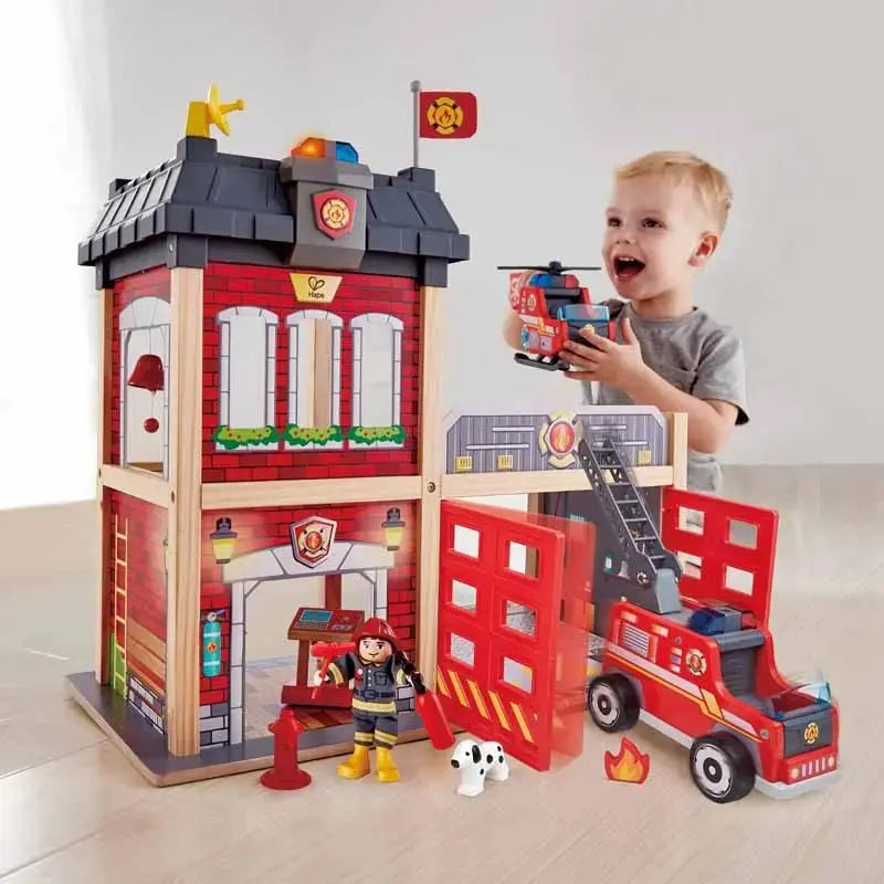 Fidtoy Wooden Fire Station Toy Kids Rescue Playset with Lights Sound