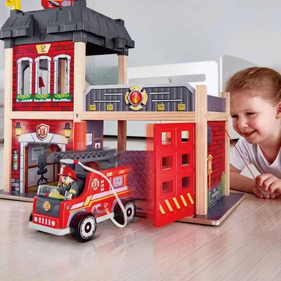 Fidtoy Wooden Fire Station Toy Kids Rescue Playset with Lights Sound