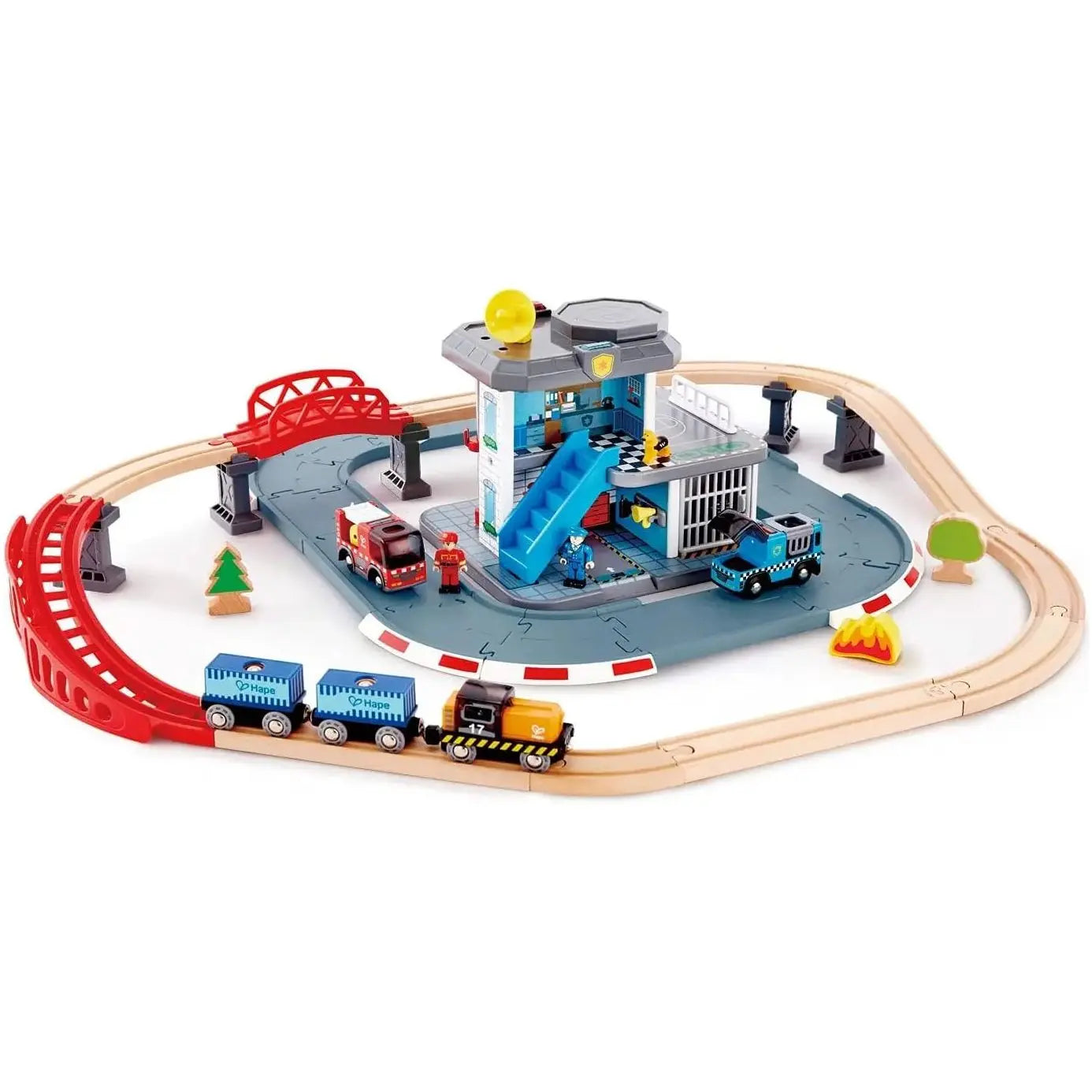 Fidtoy Emergency Services Train Set Wooden Railway Rescue Toy for Kids