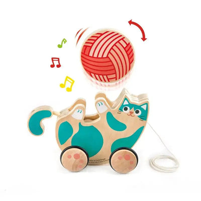 Fidtoy Pull Along Kitten Rattle Toy Wooden Walking Toy for Toddlers