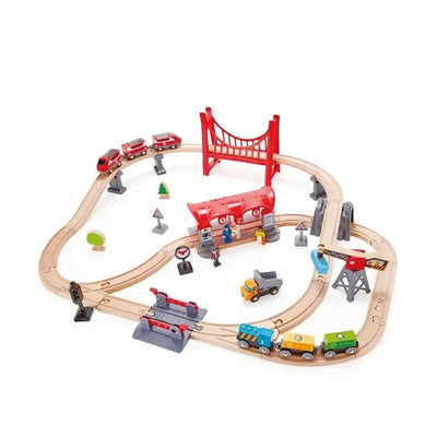 Fidtoy Wooden Busy City Train Railway Set with Tracks and Accessories