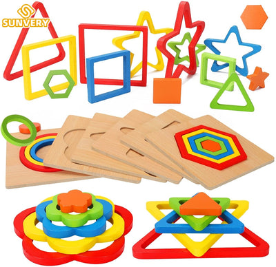 Fidtoy Wooden Jigsaw Puzzle for Toddlers – Montessori Educational Shape Learning Toy for Kids Ages 1-6