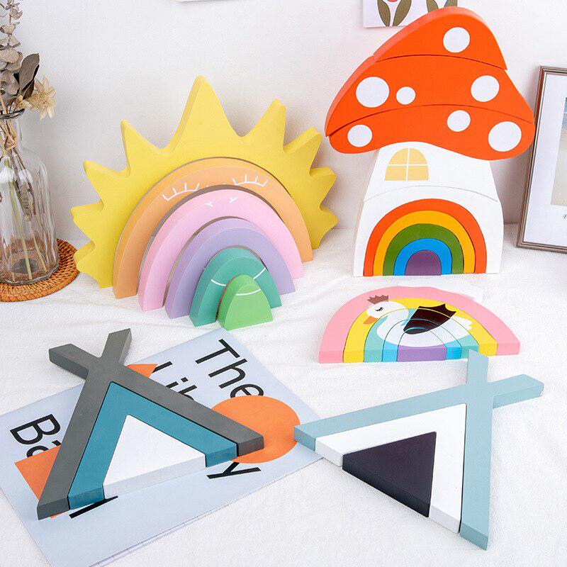 Fidtoy Creative Wooden Blocks Set – Montessori Rainbow Stacking & Imaginative Building Toy