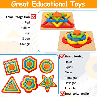 Fidtoy Wooden Jigsaw Puzzle for Toddlers – Montessori Educational Shape Learning Toy for Kids Ages 1-6