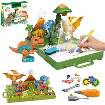Fidtoy 5-in-1 Projector Painting with Dinosaur Assembling Screw Play Figure, Kids Dinosaur Drawing Projector Toy with 3D Puzzle, Screw Assembly, Colored Pens and Reusable Art Board Age 5+