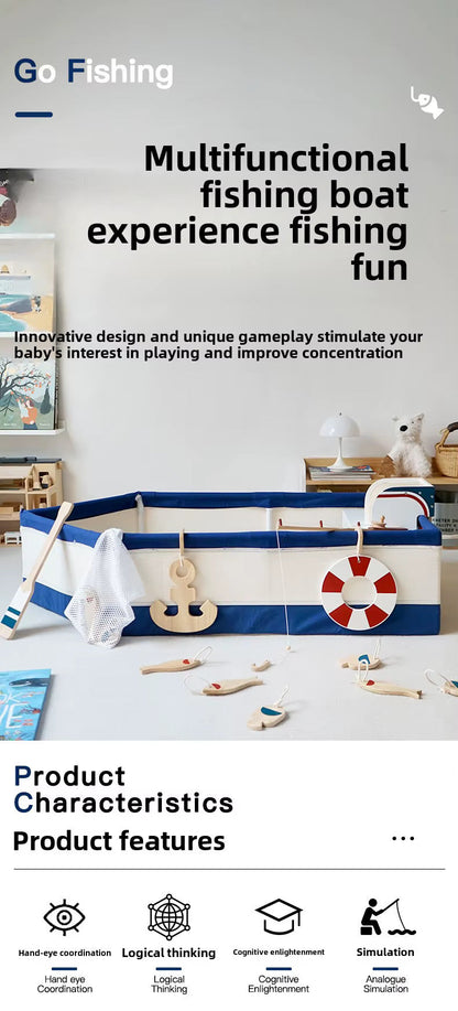 Wooden Fishing Boat Pretend Play Set for Kids – Montessori Ocean Adventure Toy with Rod, Fish & Accessories | Eduspark Toys