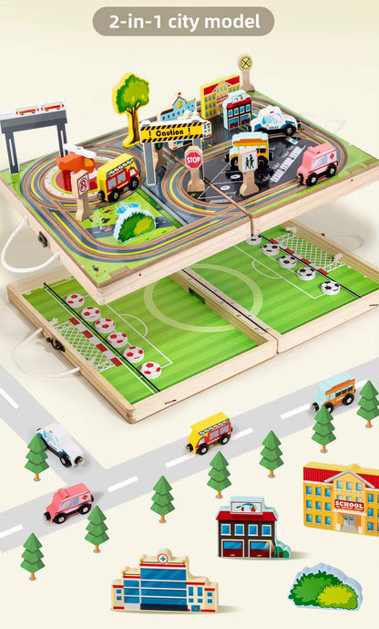 2-in-1 Wooden City Road & Soccer Play Set | Portable Foldable Activity Box for Kids | 18-Piece Vehicle & Building Playset | Montessori Travel Toy