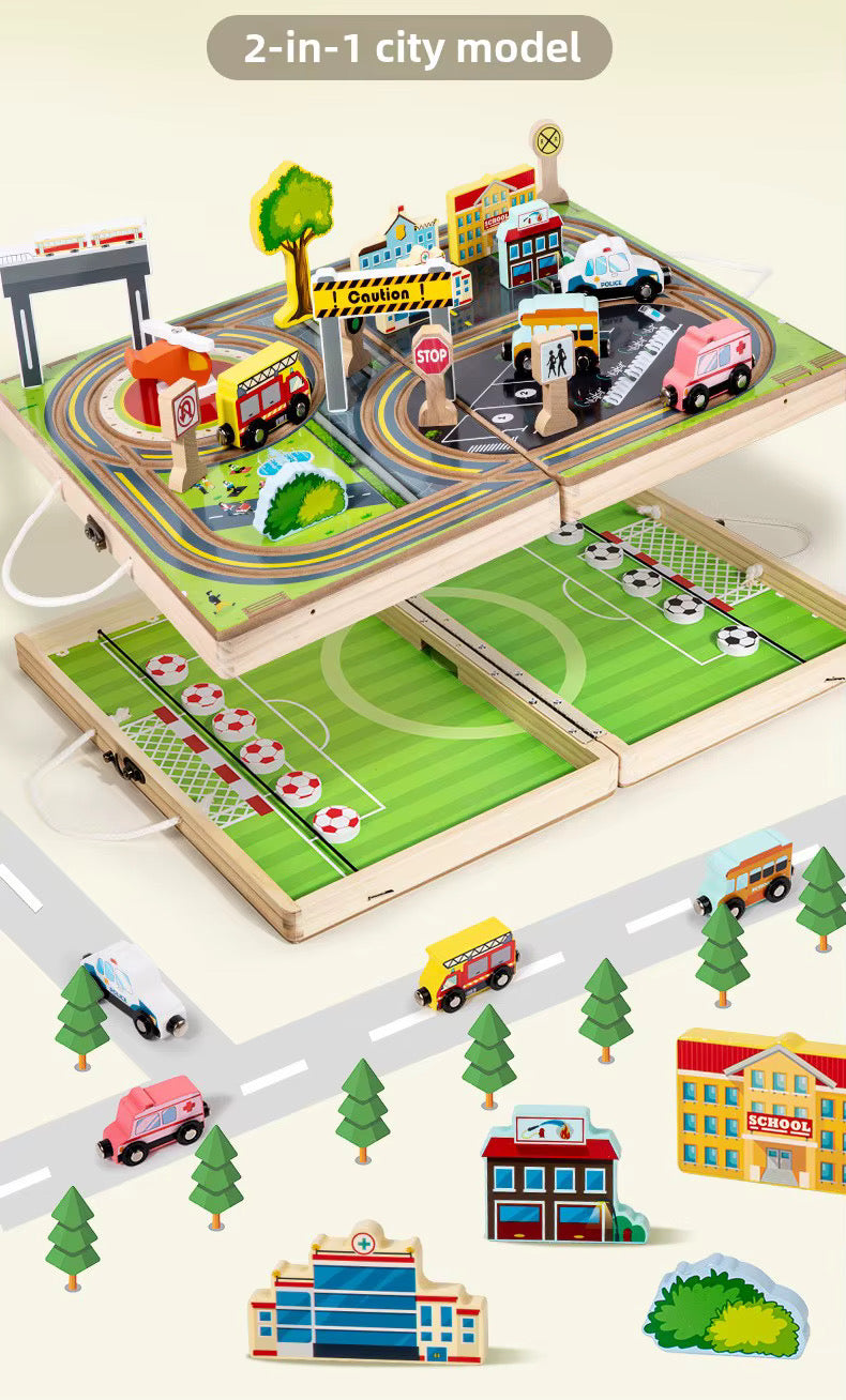 2-in-1 Wooden City Road & Soccer Play Set | Portable Foldable Activity Box for Kids | 18-Piece Vehicle & Building Playset | Montessori Travel Toy