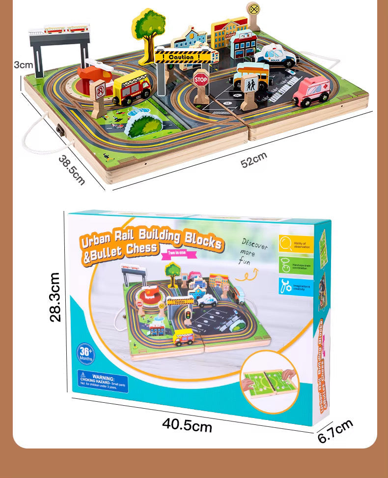 2-in-1 Wooden City Road & Soccer Play Set | Portable Foldable Activity Box for Kids | 18-Piece Vehicle & Building Playset | Montessori Travel Toy