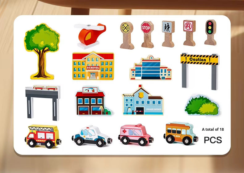 2-in-1 Wooden City Road & Soccer Play Set | Portable Foldable Activity Box for Kids | 18-Piece Vehicle & Building Playset | Montessori Travel Toy