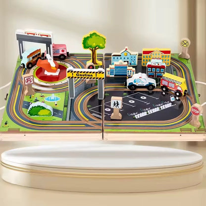 2-in-1 Wooden City Road & Soccer Play Set | Portable Foldable Activity Box for Kids | 18-Piece Vehicle & Building Playset | Montessori Travel Toy