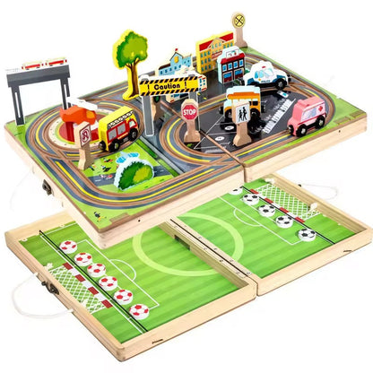 2-in-1 Wooden City Road & Soccer Play Set | Portable Foldable Activity Box for Kids | 18-Piece Vehicle & Building Playset | Montessori Travel Toy