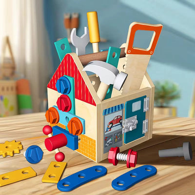 Maison à outils en bois 33 pièces – Ensemble d'activités Montessori pour la construction et la motricité fine