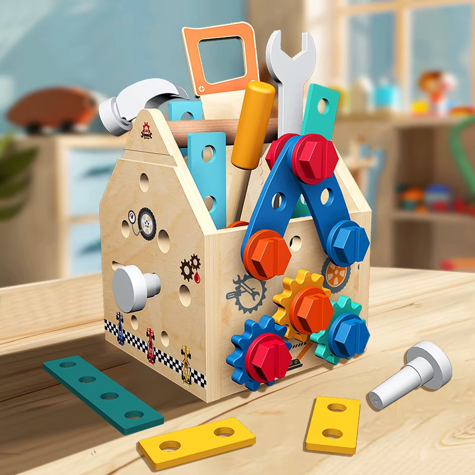 Maison à outils en bois 33 pièces – Ensemble d'activités Montessori pour la construction et la motricité fine