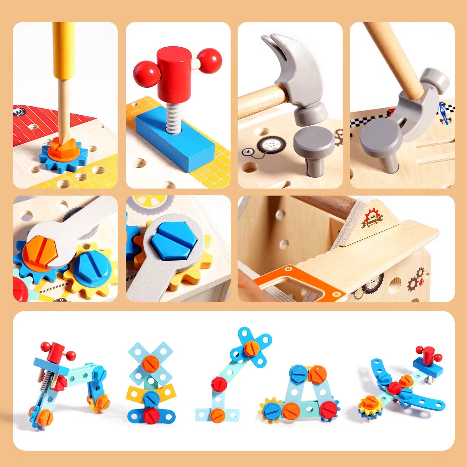 Maison à outils en bois 33 pièces – Ensemble d'activités Montessori pour la construction et la motricité fine