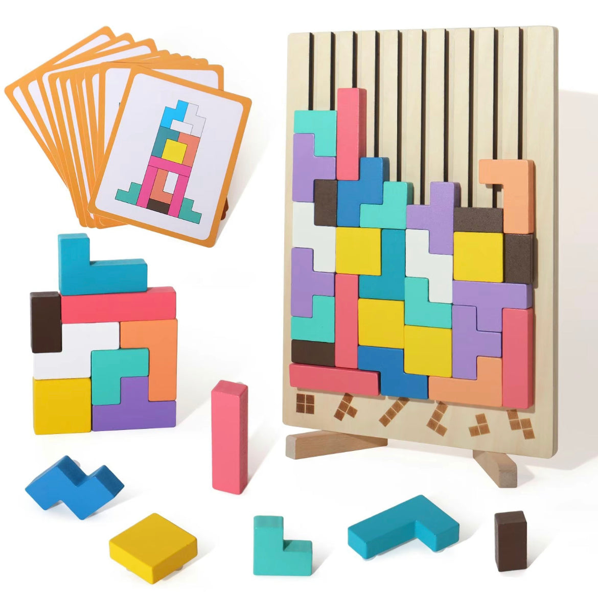Wooden Sliding Puzzle Game – Montessori Brain Teaser with Challenge Cards for Kids
