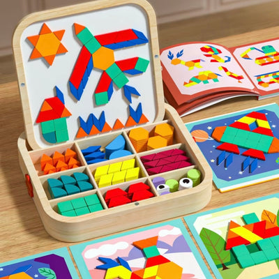 Wooden Magnetic Pattern Blocks – 288 Pieces Montessori Puzzle Toy for Kids Ages 4–8