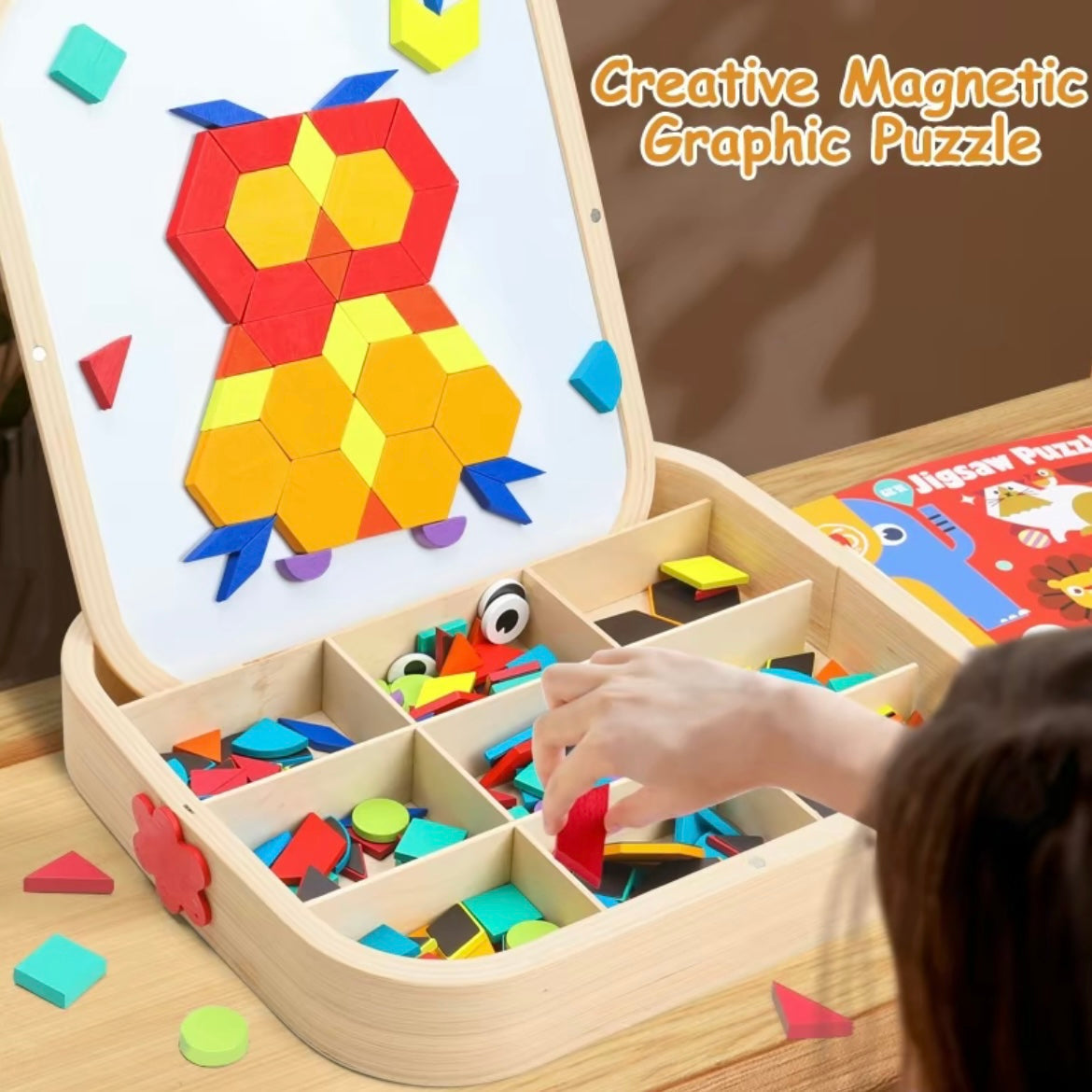 Wooden Magnetic Pattern Blocks – 288 Pieces Montessori Puzzle Toy for Kids Ages 4–8