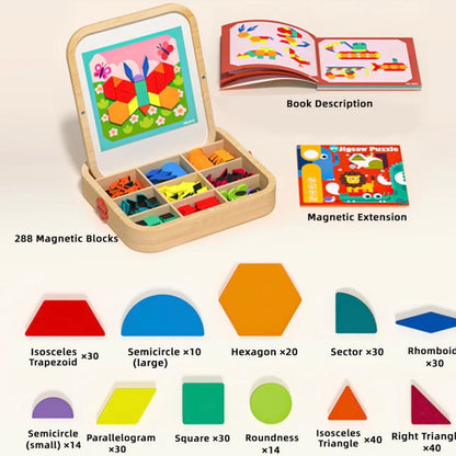 Wooden Magnetic Pattern Blocks – 288 Pieces Montessori Puzzle Toy for Kids Ages 4–8