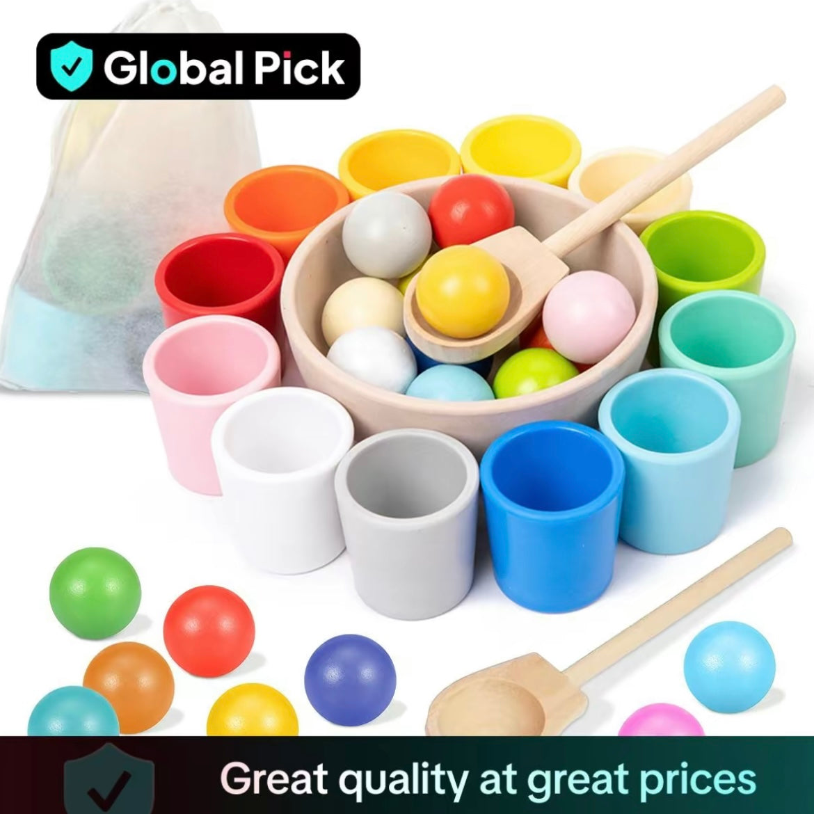 Wooden Rainbow Balls & Cups Matching Game – Montessori Color Sorting Toy for Toddlers 3+, Early STEM Learning & Fine Motor Skills