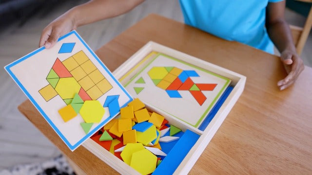 Large Wooden Pattern Blocks  Geometric Shapes Puzzle with Flash Cards