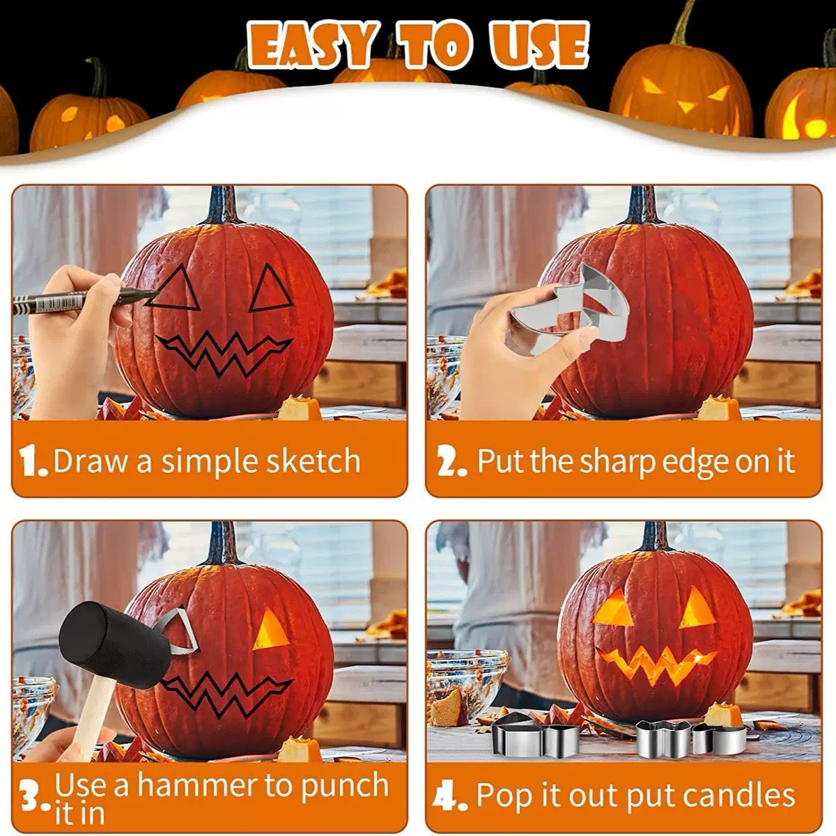 Pumpkin Carving Tools ,Stainless Steel Halloween Cutter Sculpting Kids Tool  WITH STENCILS
