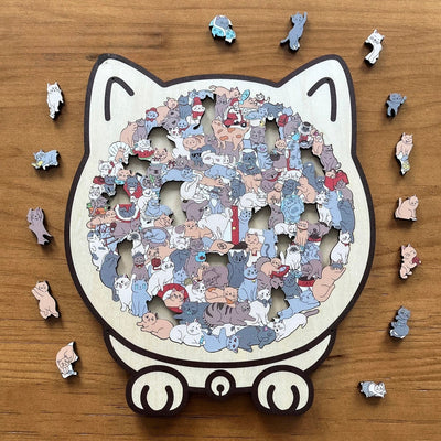 Multitud de gatos cómodos — Rompecabezas de madera (Tablero con forma de gato, piezas caprichosas)