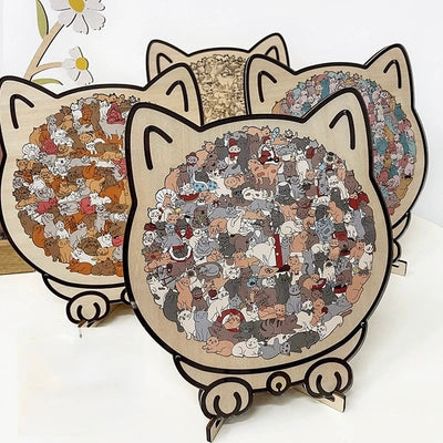 Multitud de gatos cómodos — Rompecabezas de madera (Tablero con forma de gato, piezas caprichosas)