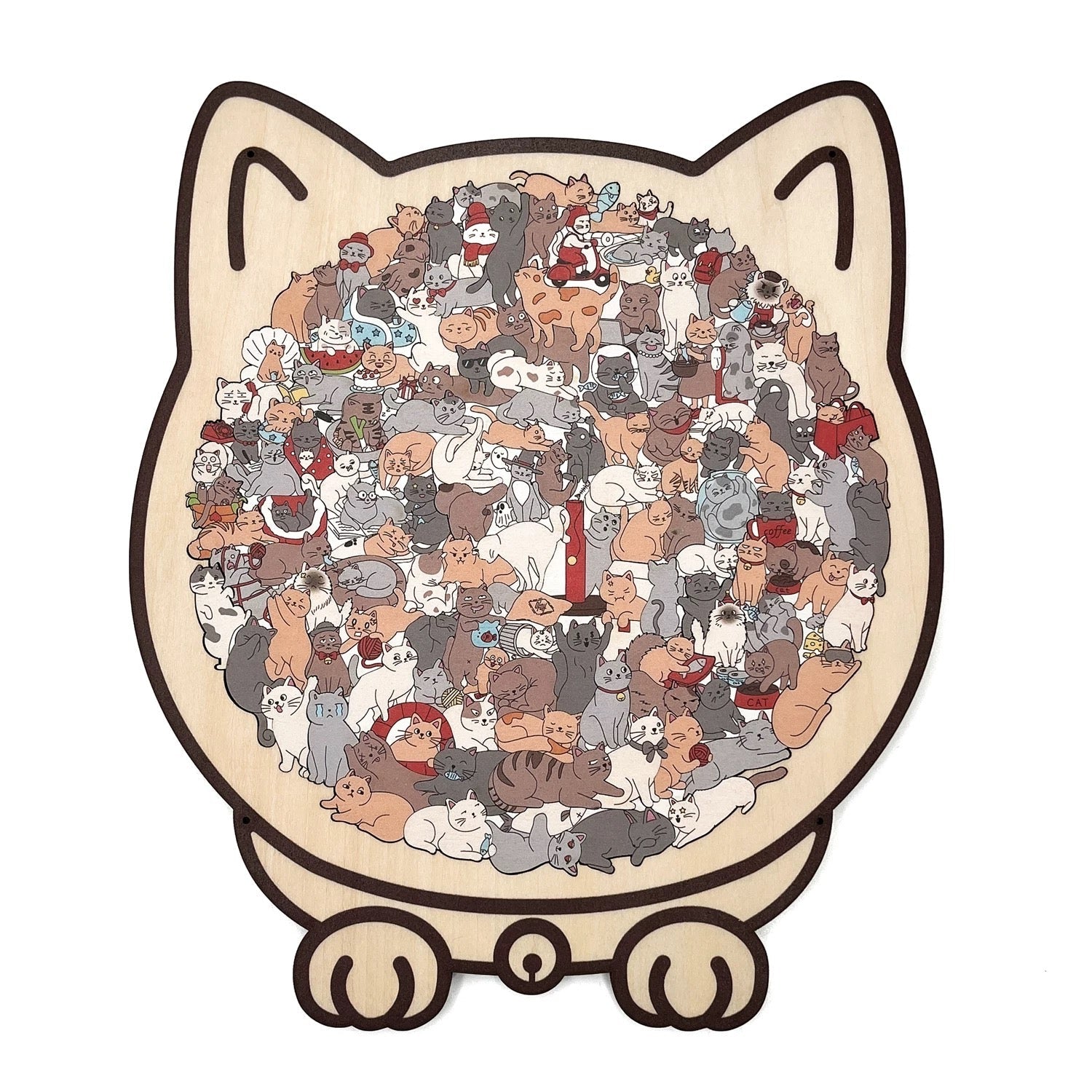 Multitud de gatos cómodos — Rompecabezas de madera (Tablero con forma de gato, piezas caprichosas)