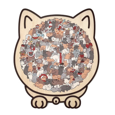 Multitud de gatos cómodos — Rompecabezas de madera (Tablero con forma de gato, piezas caprichosas)