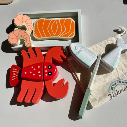 Wooden Seafood Cutting Playset Cut Food Fish Lobster Toy