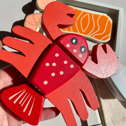 Wooden Seafood Cutting Playset Cut Food Fish Lobster Toy